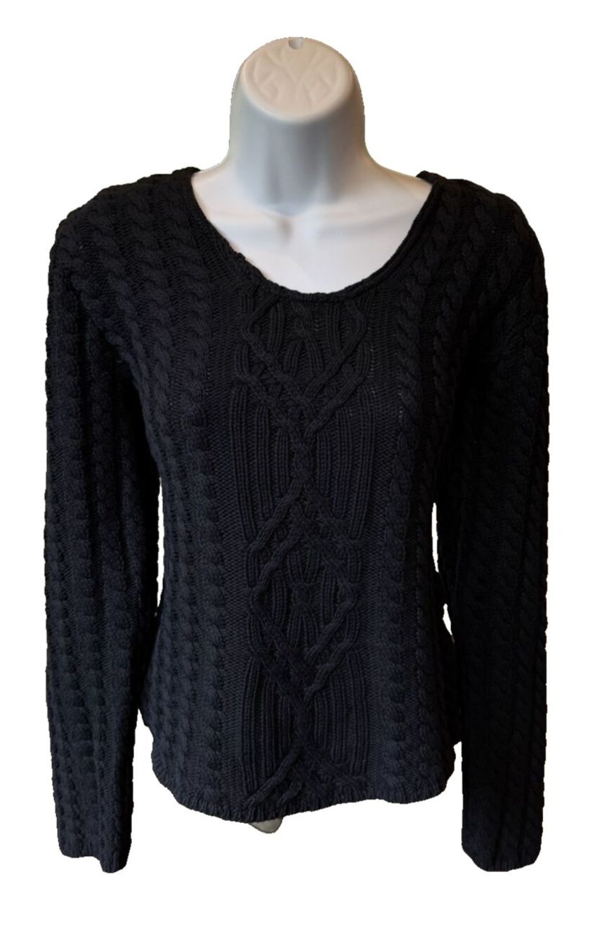 Madison Sweater Black Size Small Cable Open Knit Pullover Cotton Long Sleeve